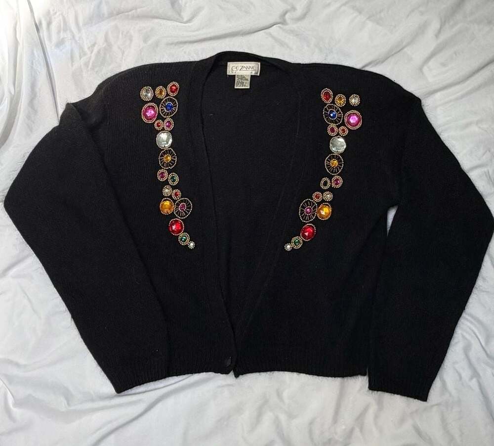 Cezanne Vintage Jeweled Embellished Cardigan Sweater Black Size L